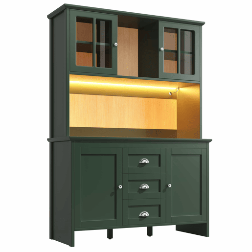 Armário alto de cozinha 120 x 40 x 179 cm - portas de vidro castanho, iluminação LED, aparador - verde