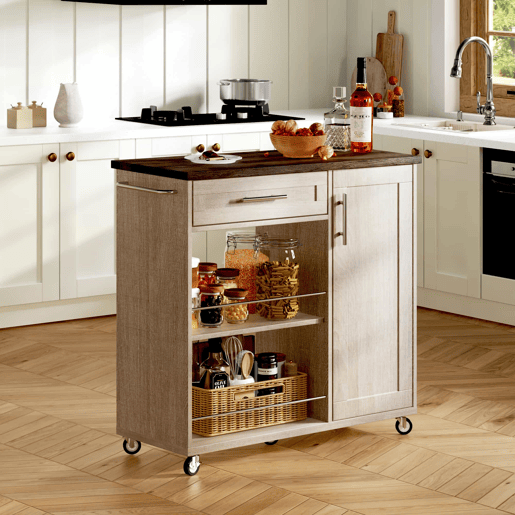 Carrinho de cozinha com rodas 90x40x90 cm - bancada com efeito de madeira, gaveta, armário, prateleiras abertas, toalheiro e rodas com travão - cor natural Sonoma carvalho Carrinho de cozinha com rodas 90x40x90 cm - bancada com efeito de madeira, gaveta, armário, prateleiras abertas, toalheiro e rodas com travão - cor natural Sonoma carvalho