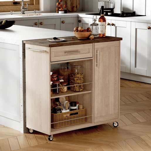 Carrinho de cozinha com rodas 90x40x90 cm - bancada com efeito de madeira, gaveta, armário, prateleiras abertas, toalheiro e rodas com travão - cor natural Sonoma carvalho Carrinho de cozinha com rodas 90x40x90 cm - bancada com efeito de madeira, gaveta, armário, prateleiras abertas, toalheiro e rodas com travão - cor natural Sonoma carvalho