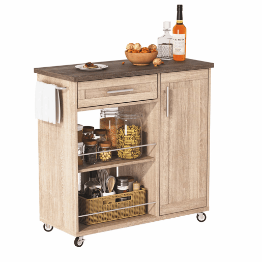 Carrinho de cozinha com rodas 90x40x90 cm - bancada com efeito de madeira, gaveta, armário, prateleiras abertas, toalheiro e rodas com travão - cor natural Sonoma carvalho Carrinho de cozinha com rodas 90x40x90 cm - bancada com efeito de madeira, gaveta, armário, prateleiras abertas, toalheiro e rodas com travão - cor natural Sonoma carvalho