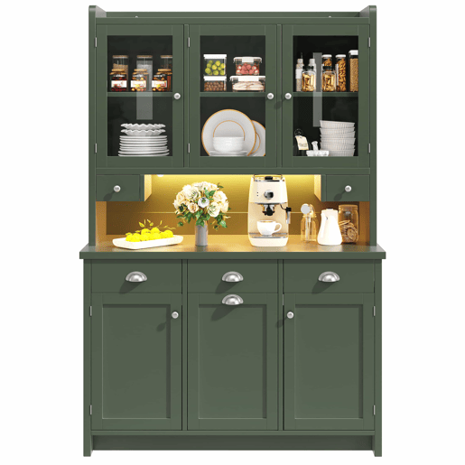 Armário de cozinha 180 x 120 cm - iluminação LED controlada por aplicação, 3 portas de vidro, amplo espaço de arrumação - verde