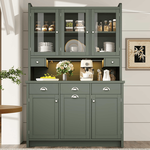 Armário de cozinha 180 x 120 cm - iluminação LED controlada por aplicação, 3 portas de vidro, amplo espaço de arrumação - verde