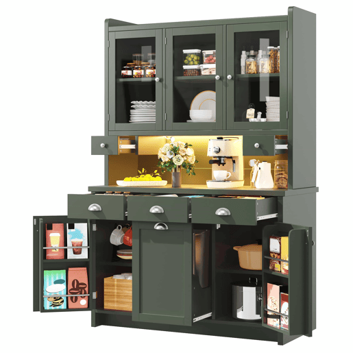 Armário de cozinha 180 x 120 cm - iluminação LED controlada por aplicação, 3 portas de vidro, amplo espaço de arrumação - verde