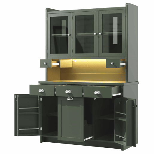 Armário de cozinha 180 x 120 cm - iluminação LED controlada por aplicação, 3 portas de vidro, amplo espaço de arrumação - verde