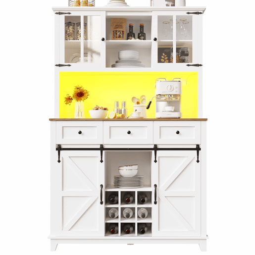Armário de cozinha 105x38,4x180 cm - Aparador alto, vitrina, prateleiras ajustáveis, com iluminação LED - Branco
