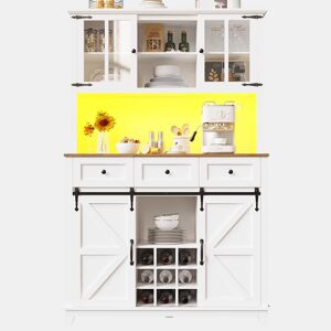 Armário de cozinha 105x38,4x180 cm - Aparador alto, vitrina, prateleiras ajustáveis, com iluminação LED - Branco