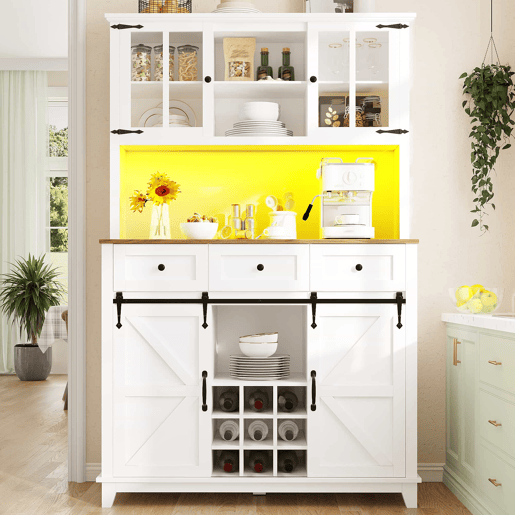 Armário de cozinha 105x38,4x180 cm - Aparador alto, vitrina, prateleiras ajustáveis, com iluminação LED - Branco
