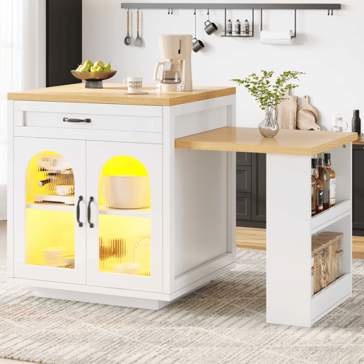 Ilha de cozinha extensível - Sem dimensões especificadas - com iluminação LED, 2 gavetas, prateleiras ajustáveis, portas de vidro estriado, bancada em MDF, design moderno - Branco