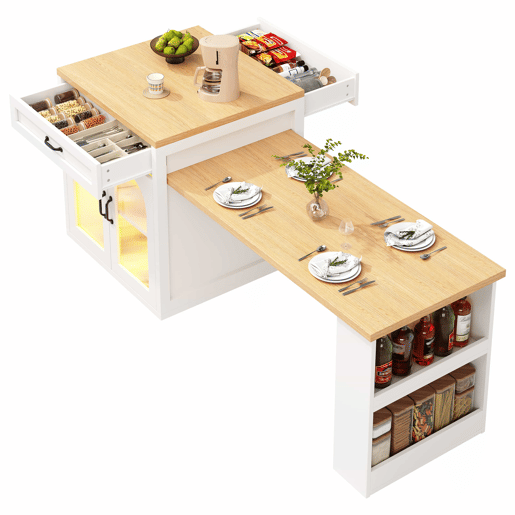 Ilha de cozinha extensível - Sem dimensões especificadas - com iluminação LED, 2 gavetas, prateleiras ajustáveis, portas de vidro estriado, bancada em MDF, design moderno - Branco