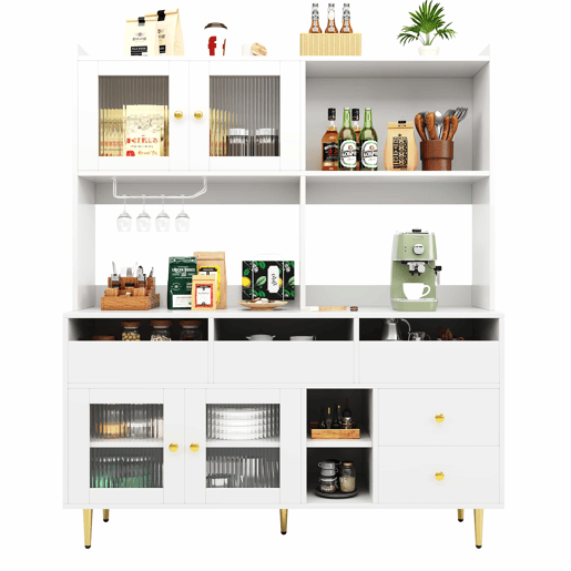 Armário de sala de jantar moderno 145x39x171 cm - Portas de vidro Chambray, prateleira para copos de vinho, armazenamento em camadas - Branco