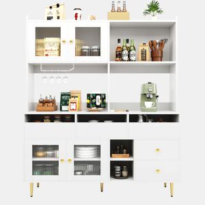 Armário de sala de jantar moderno 145x39x171 cm - Portas de vidro Chambray, prateleira para copos de vinho, armazenamento em camadas - Branco