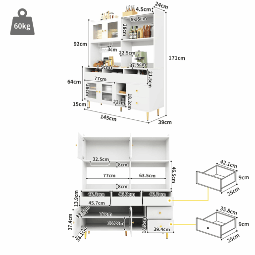 Armário de sala de jantar moderno 145x39x171 cm - Portas de vidro Chambray, prateleira para copos de vinho, armazenamento em camadas - Branco