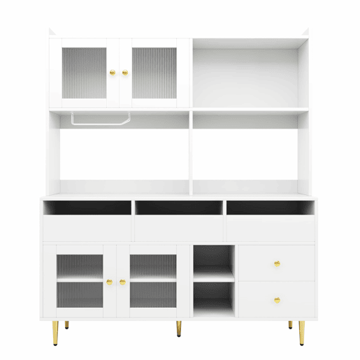 Armário de sala de jantar moderno 145x39x171 cm - Portas de vidro Chambray, prateleira para copos de vinho, armazenamento em camadas - Branco