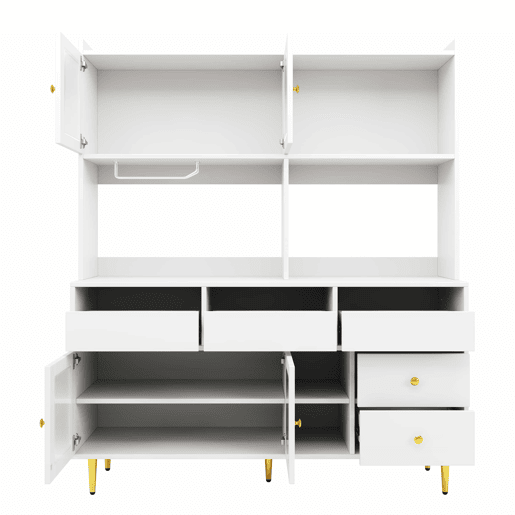 Armário de sala de jantar moderno 145x39x171 cm - Portas de vidro Chambray, prateleira para copos de vinho, armazenamento em camadas - Branco