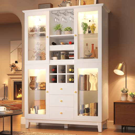 Adega 180,5 x 120 x 40 cm - iluminação LED controlada por aplicação, 3 gavetas, suporte para copos e garrafas - branco