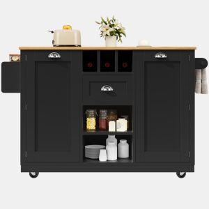 Ilha de cozinha - Mesa de jantar com superfície de trabalho, prateleira para vinhos, com rodas - Preto