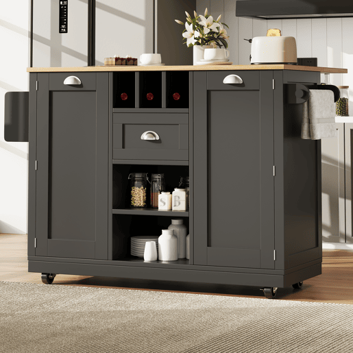 Ilha de cozinha - Mesa de jantar com superfície de trabalho, prateleira para vinhos, com rodas - Preto