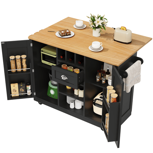 Ilha de cozinha - Mesa de jantar com superfície de trabalho, prateleira para vinhos, com rodas - Preto