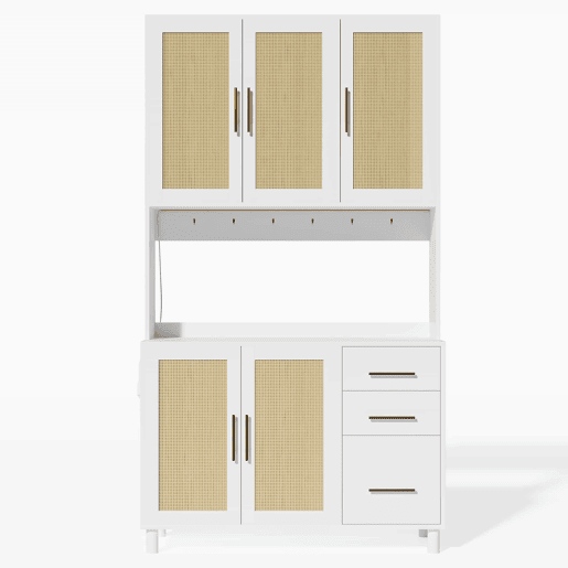 Buffet 183 cm - Com luzes LED controladas por aplicação, 2 portas USB, 2 tomadas, prateleiras ajustáveis, 3 gavetas, puxadores metálicos dourados - Branco