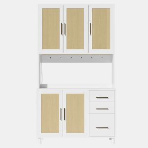 Buffet 183 cm - Com luzes LED controladas por aplicação, 2 portas USB, 2 tomadas, prateleiras ajustáveis, 3 gavetas, puxadores metálicos dourados - Branco