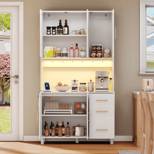 Buffet 183 cm - Com luzes LED controladas por aplicação, 2 portas USB, 2 tomadas, prateleiras ajustáveis, 3 gavetas, puxadores metálicos dourados - Branco