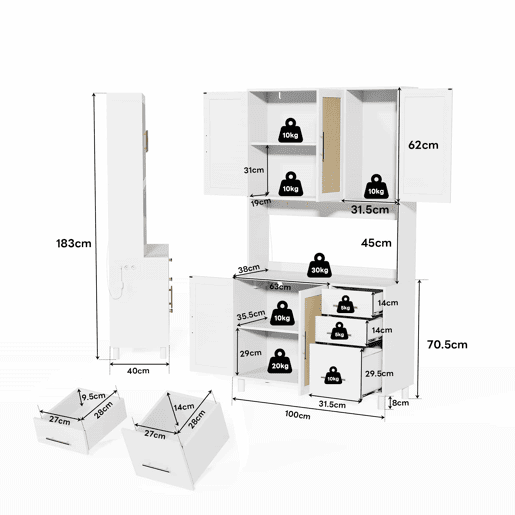 Buffet 183 cm - Com luzes LED controladas por aplicação, 2 portas USB, 2 tomadas, prateleiras ajustáveis, 3 gavetas, puxadores metálicos dourados - Branco