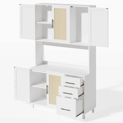 Buffet 183 cm - Com luzes LED controladas por aplicação, 2 portas USB, 2 tomadas, prateleiras ajustáveis, 3 gavetas, puxadores metálicos dourados - Branco
