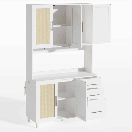 Buffet 183 cm - Com luzes LED controladas por aplicação, 2 portas USB, 2 tomadas, prateleiras ajustáveis, 3 gavetas, puxadores metálicos dourados - Branco