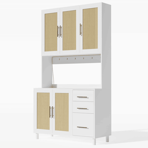 Buffet 183 cm - Com luzes LED controladas por aplicação, 2 portas USB, 2 tomadas, prateleiras ajustáveis, 3 gavetas, puxadores metálicos dourados - Branco