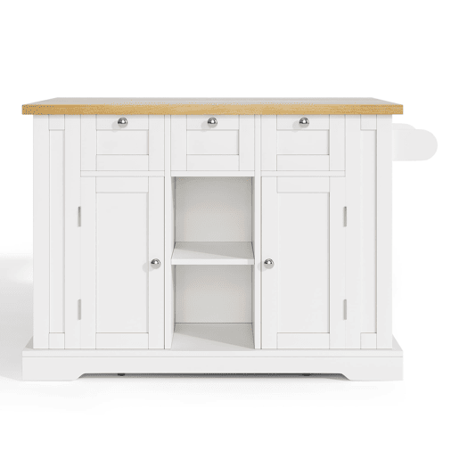 Mesa de cozinha móvel 132 cm - Estilo rústico, tampo dobrável, armário multifuncional, gaveta, prateleira para especiarias, suporte para toalhas, 5 rodas, tomada integrada - Branco+Natural