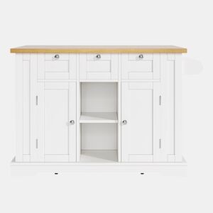 Mesa de cozinha móvel 132 cm - Estilo rústico, tampo dobrável, armário multifuncional, gaveta, prateleira para especiarias, suporte para toalhas, 5 rodas, tomada integrada - Branco+Natural