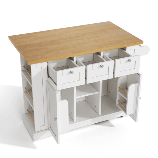 Mesa de cozinha móvel 132 cm - Estilo rústico, tampo dobrável, armário multifuncional, gaveta, prateleira para especiarias, suporte para toalhas, 5 rodas, tomada integrada - Branco+Natural