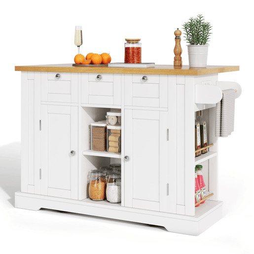 Mesa de cozinha móvel 132 cm - Estilo rústico, tampo dobrável, armário multifuncional, gaveta, prateleira para especiarias, suporte para toalhas, 5 rodas, tomada integrada - Branco+Natural