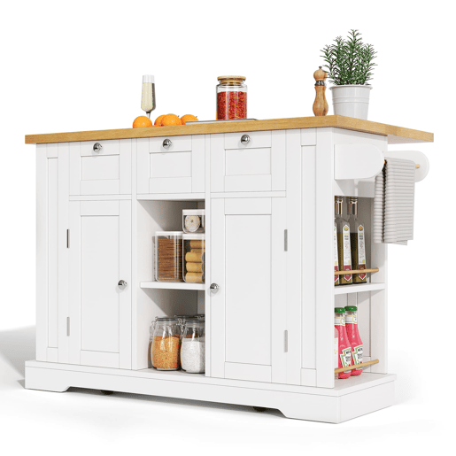 Mesa de cozinha móvel 132 cm - Estilo rústico, tampo dobrável, armário multifuncional, gaveta, prateleira para especiarias, suporte para toalhas, 5 rodas, tomada integrada - Branco+Natural