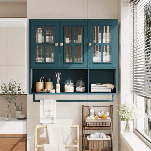 Armário de parede para casa de banho - 3 portas com arrumação aberta e oculta, porta de vidro e barra para toalhas - Verde escuro