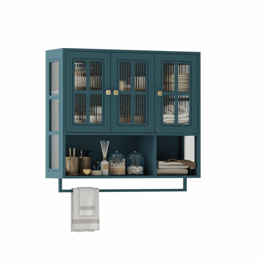 Armário de parede para casa de banho - 3 portas com arrumação aberta e oculta, porta de vidro e barra para toalhas - Verde escuro