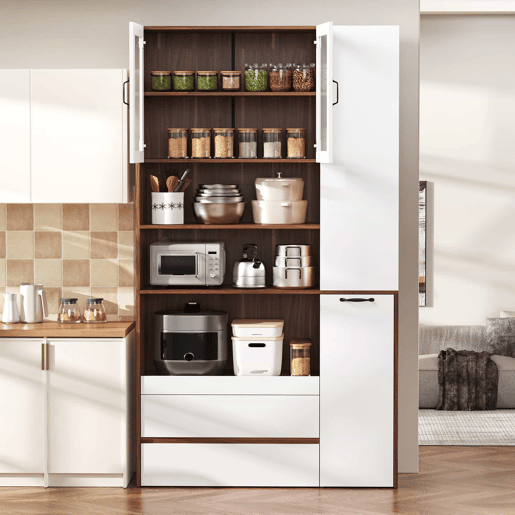 Aparador alto - prateleiras ajustáveis, gavetas, prateleiras extraíveis, vidro estriado, ideal para a sala de jantar, sala de estar e cozinha - branco e nogueira