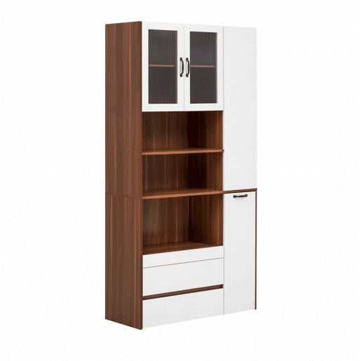 Aparador alto - prateleiras ajustáveis, gavetas, prateleiras extraíveis, vidro estriado, ideal para a sala de jantar, sala de estar e cozinha - branco e nogueira