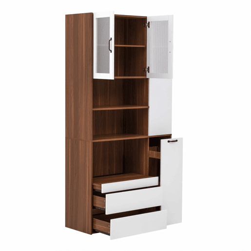 Aparador alto - prateleiras ajustáveis, gavetas, prateleiras extraíveis, vidro estriado, ideal para a sala de jantar, sala de estar e cozinha - branco e nogueira