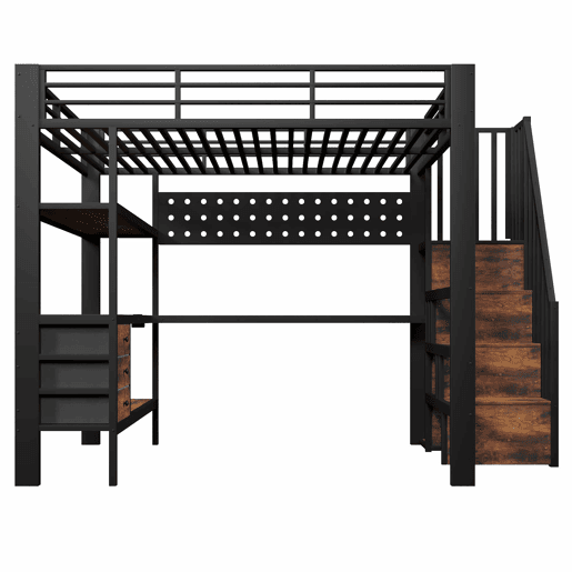 Cama alta 140x200 cm - em metal com prateleira, gaveta, painel perfurado, secretária, tomada e luz LED, sem colchão - preta