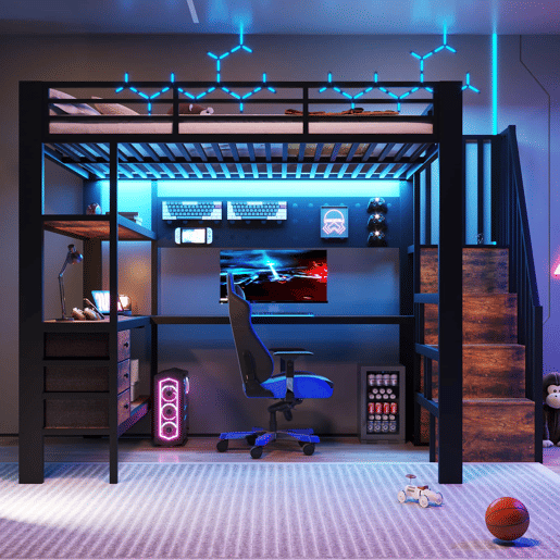 Cama alta 140x200 cm - em metal com prateleira, gaveta, painel perfurado, secretária, tomada e luz LED, sem colchão - preta