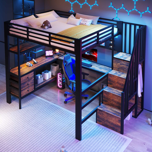 Cama alta 140x200 cm - em metal com prateleira, gaveta, painel perfurado, secretária, tomada e luz LED, sem colchão - preta