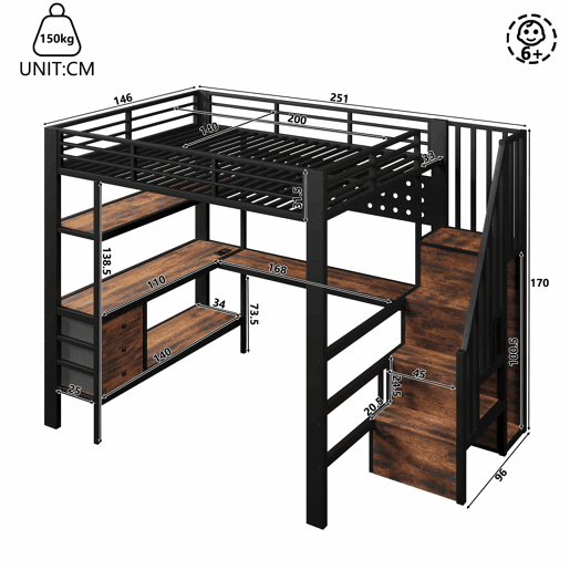 Cama alta 140x200 cm - em metal com prateleira, gaveta, painel perfurado, secretária, tomada e luz LED, sem colchão - preta