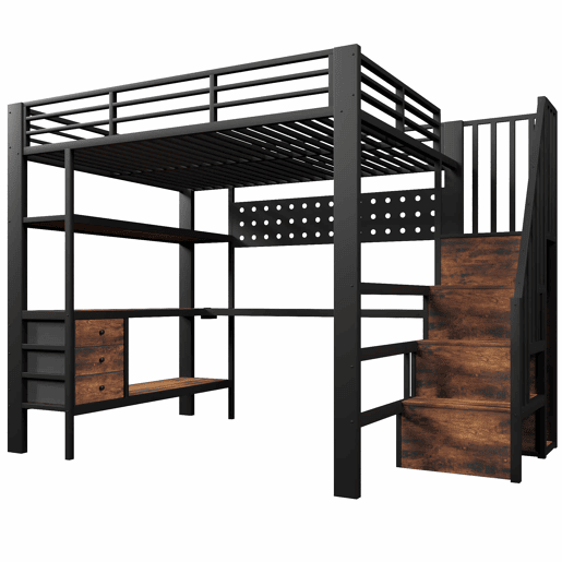 Cama alta 140x200 cm - em metal com prateleira, gaveta, painel perfurado, secretária, tomada e luz LED, sem colchão - preta