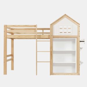 Cama alta infantil 90x200 - com compartimentos de arrumação e gavetas, degraus resistentes, grade de segurança - Branco+Natural