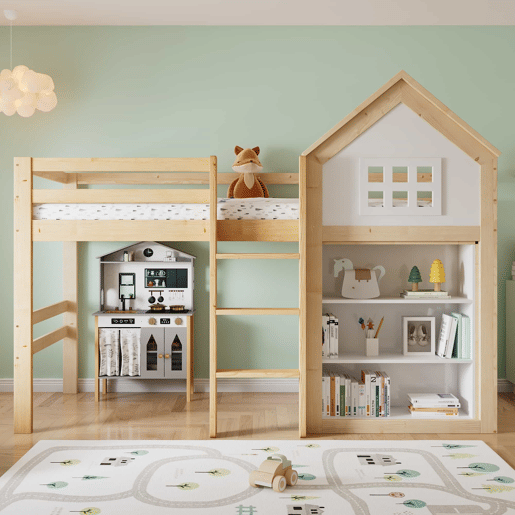 Cama alta infantil 90x200 - com compartimentos de arrumação e gavetas, degraus resistentes, grade de segurança - Branco+Natural