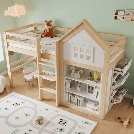 Cama alta infantil 90x200 - com compartimentos de arrumação e gavetas, degraus resistentes, grade de segurança - Branco+Natural