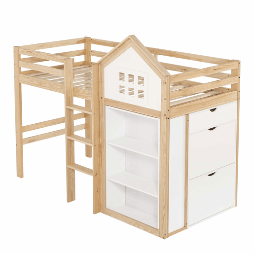 Cama alta infantil 90x200 - com compartimentos de arrumação e gavetas, degraus resistentes, grade de segurança - Branco+Natural