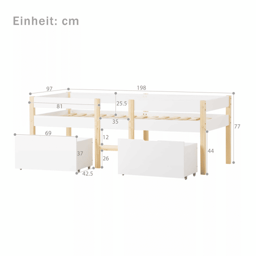 Cama mezzanine em pinho maciço com gavetas - 90x190 cm - Branco