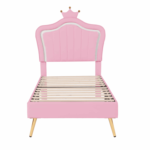 Cama infantil 90x200 cm - Estrutura de cama para menina, design com coroa rosa, PU com luzes LED, estrado e encosto - Rosa